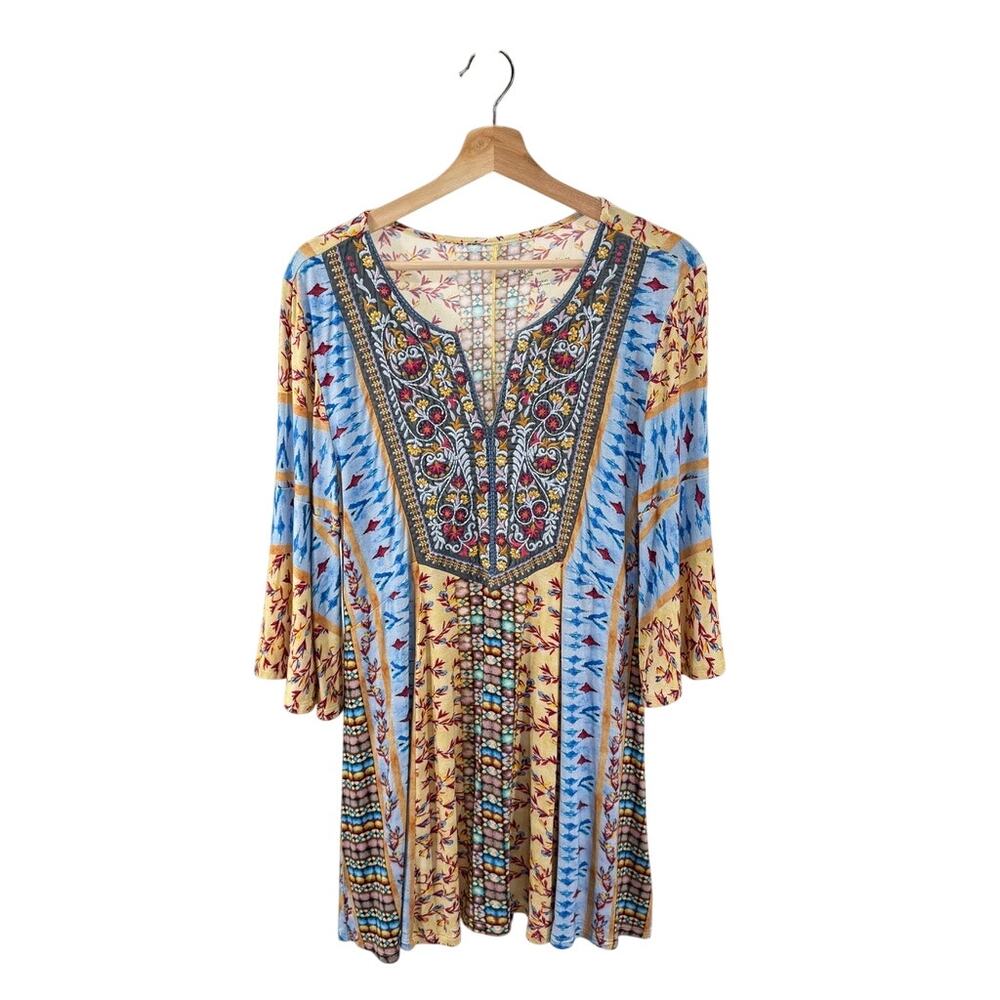 Soft Surroundings Embroidered Bell Sleeve Stretch Knit M Tunic Pull Over Shirt